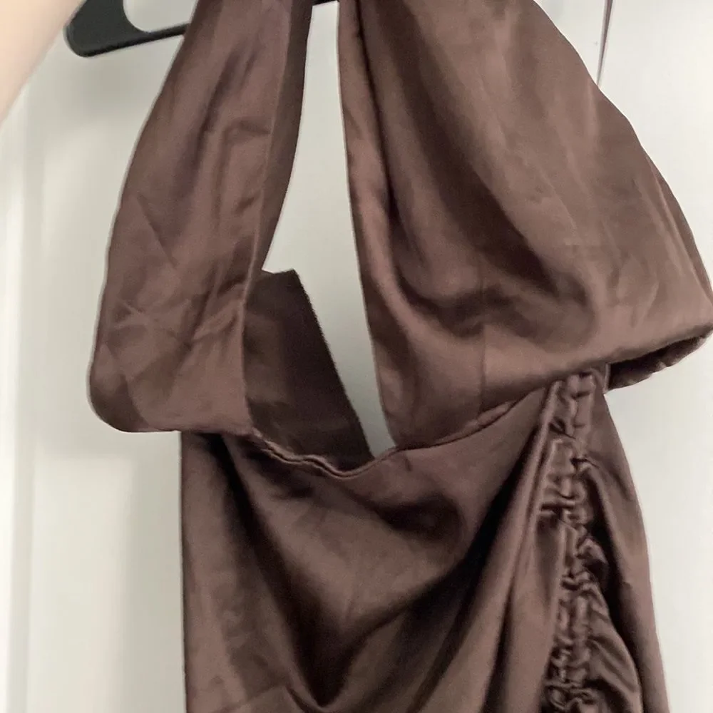 Showpo AMELLIA HALTER NECK CUT OUT MINI DRESS CHOCOLATE SATIN Size 6 NWT - Picture 3 of 10